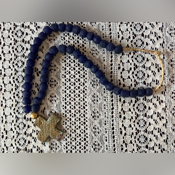 Handmade Ghana African Recycled Sea Glass Beads Necklace Cross Navy Blue - Picture 2 of 6